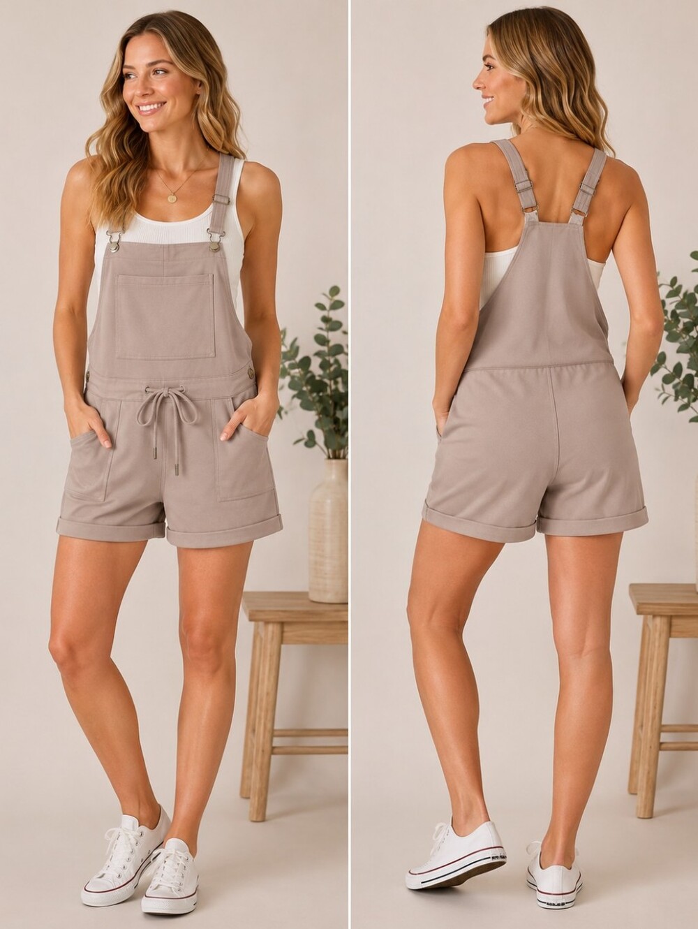 NOFLIK Taupe Overall Romper Drawstring Utility Shortalls NWT M A272